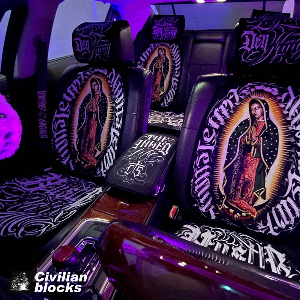 

Four Coasts Chicano Hiphop Bandit Hardcore Squiggly Virgin Prayer Car Seat Set Chicago Hiphop Style Fashion Original Design Gift