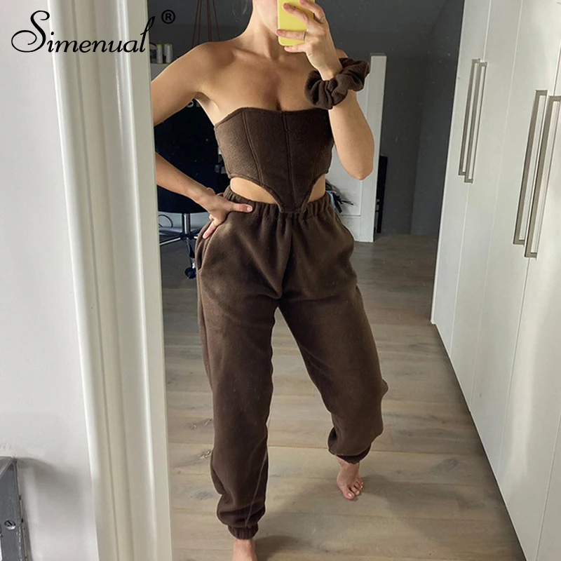 

Simenual Lace Up Corset Top And Pants Sportswear Matching Sets Athleisure Casual Brown Women 2 Piece Outfit Strapless Loungewear