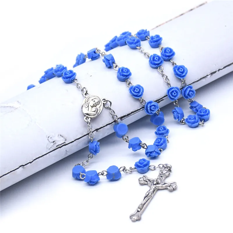 

4 Styles Catholic Rosary Necklace Colorful Fashion Rose-Shaped Bead Jewellery Party Fine Accessories Present For Unisex