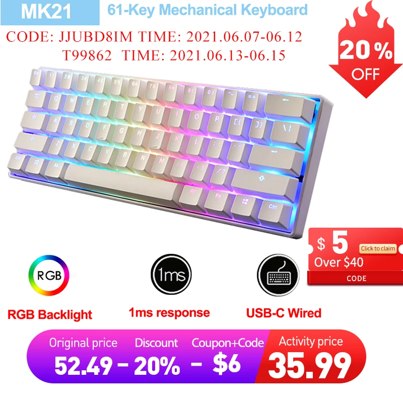MK21 61 клавиша механическая клавиатура USB C Проводная RGB Подсветка игровой ПК