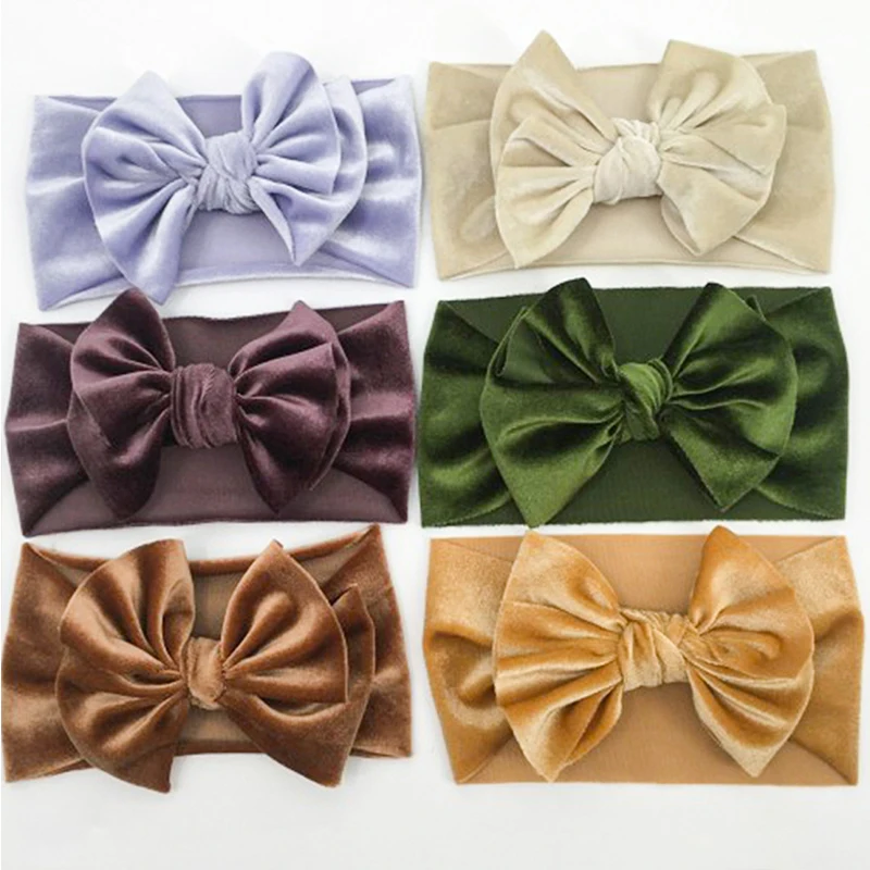 

Бархатная Детская повязка на голову, тюрбан с большим бантом для новорожденных, аксессуары для волос