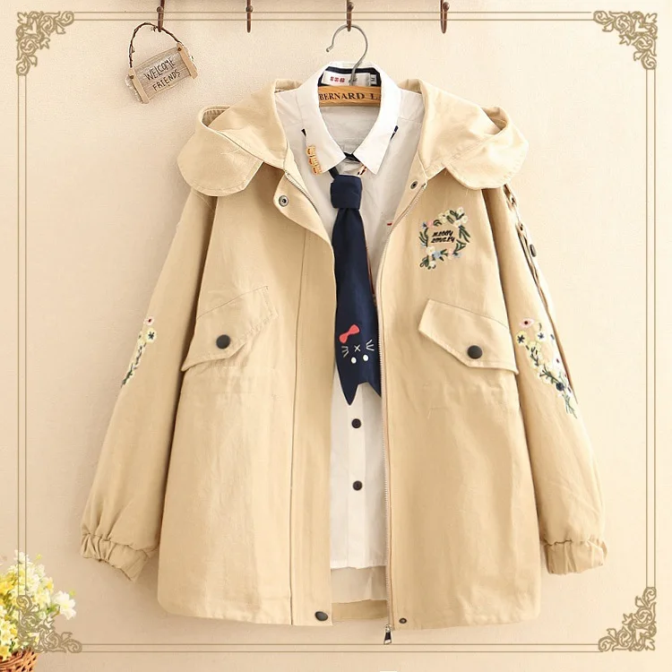 

Fall 2019 new "women 's wear simple flower embroidery long - sleeved jacket girls accept waist casual hooded windbreaker