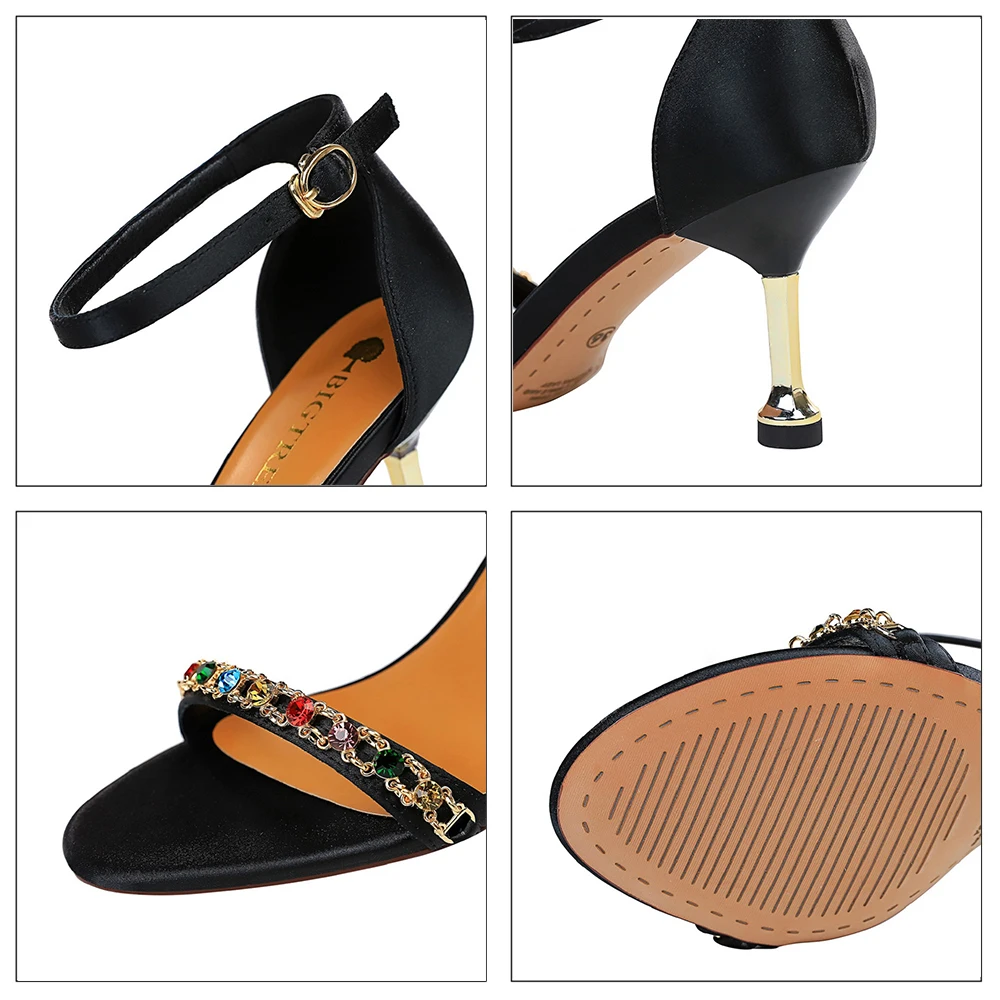 

Korean Version of Sexy Summer Women's High-heeled Shoes Stiletto High-heeled Satin Metal Chain Rhinestone Sandals Elegant
