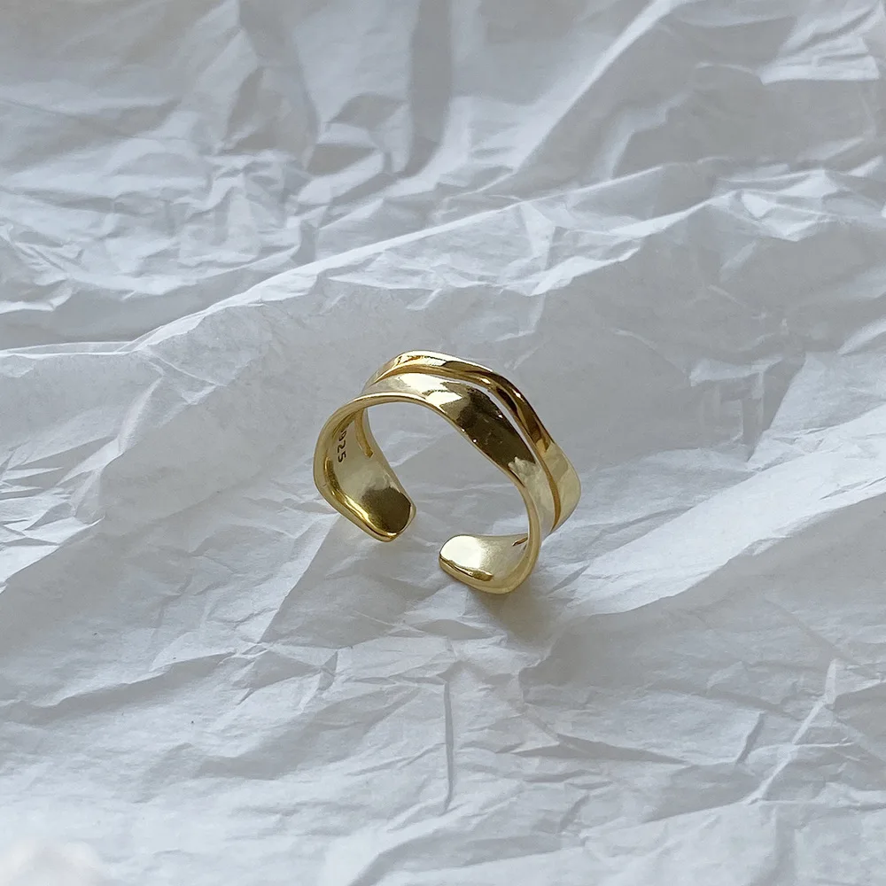 

New Gold Color Irregular Double Layer Elegant Rings for Women Wave Shape 925 Sterling Silver Rings Party Jewelry Women Girl Gift