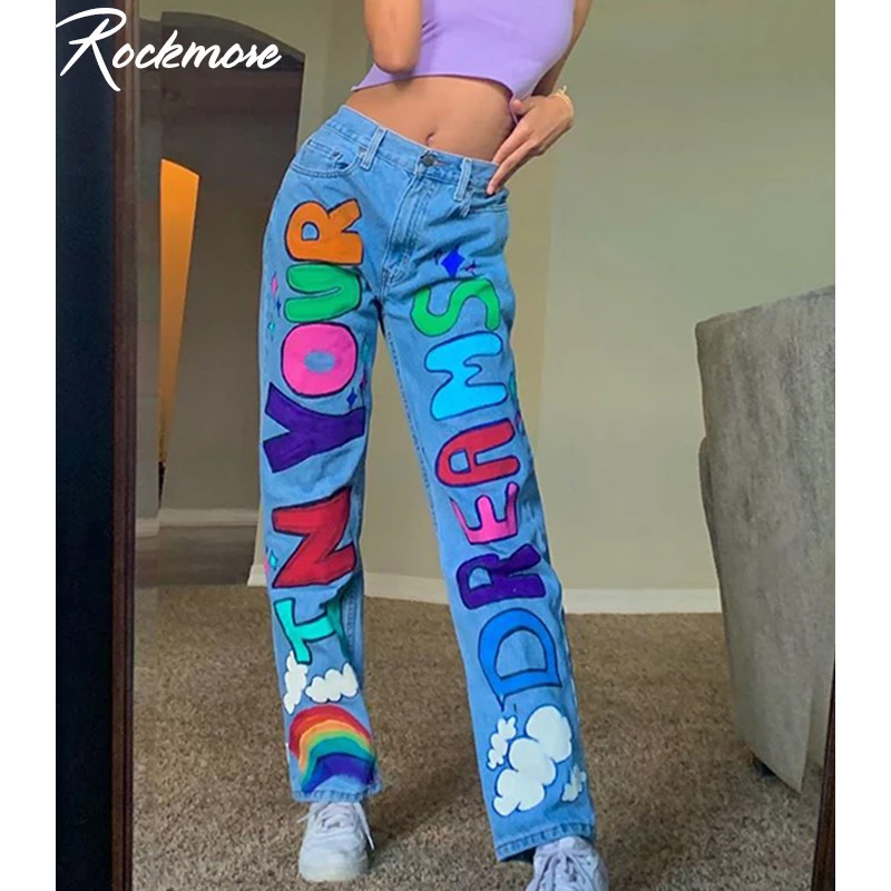 

Rockmore Letter Print High Waisted Denim Pants For Women Baggy Aesthetic Wide Leg Trousers Casual Streetwear Harajuk Pockets