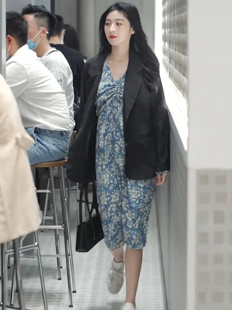 Французский Стиль Ретро Нежный с v образным вырезом платье цветочным рисунком