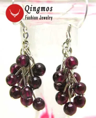 

Qingmos Natural Brown Garnet Earring for Women with 4mm Round Stone Earring Grape Dangle Earring Jewelry Silver 925 Hook