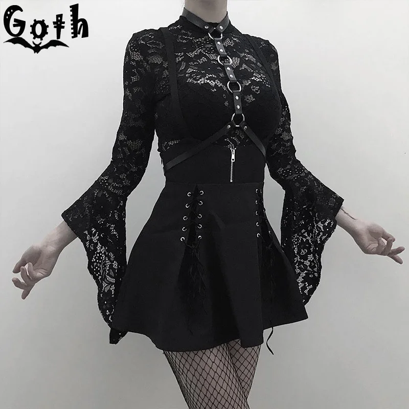 Женский готический костюм Goth черный кружевной боди с плиссированной юбкой