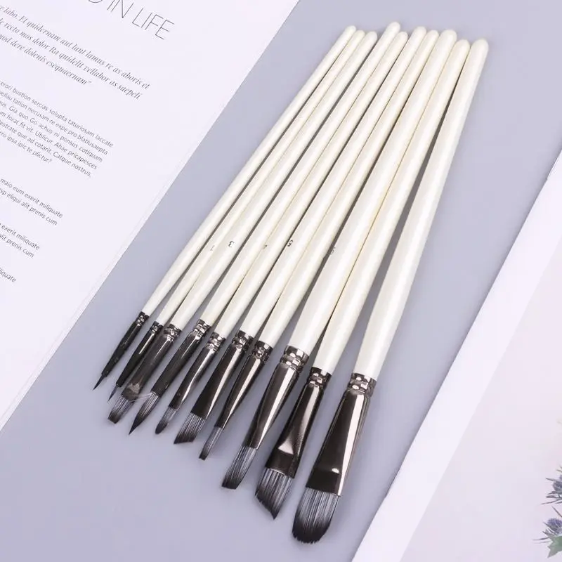 

10pcs/set Wooden Handle Nylon Hair Paint Brushes Professional Oil Watercolor Painting Drawing Art Supplies