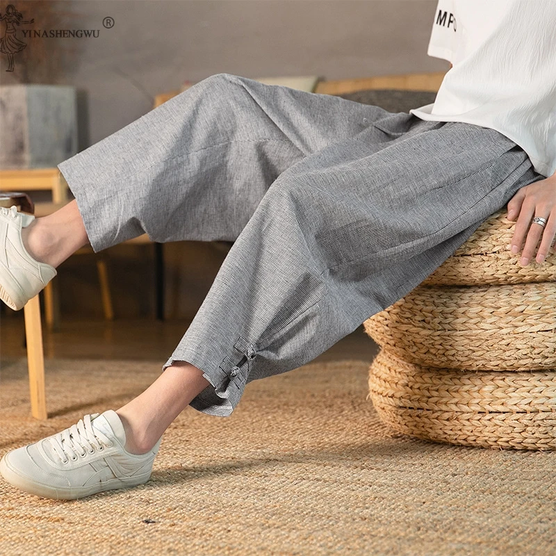 

Men Japanese Style Summer Pants Samurai Costume Leisure Loose Linen Cropped Pants Plus Size Haori Kimono Yukata Streetwear