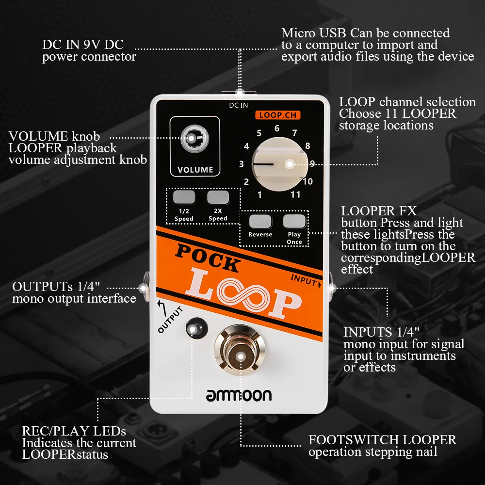 

ammoon POCK LOOP Looper Guitar Effect Pedal 11 Loopers Max.330mins Recording Time Supports 1/2 & 2X Speed Playback