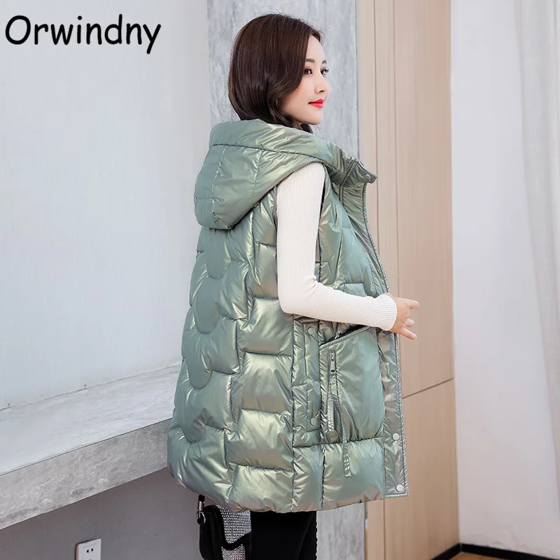 

Orwindny Snow Wear Warm Long Waistcoat Women Winter Waterproof Vest Jacket Hooded Big Pockets Fashion Glossy Parka Sleeveless