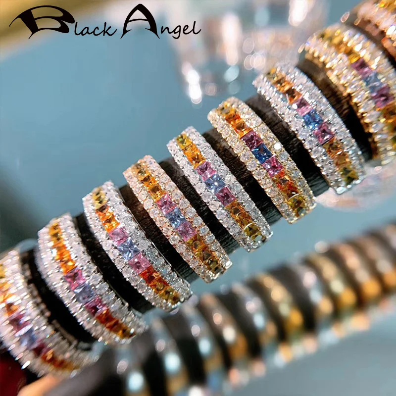 

BLACK ANGEL 2021 New 18K Gold 3 Rows Rainbow Color Zircon Sapphire Citrine CZ Resizable Ring For Women Fine Jewelry Wedding Gift
