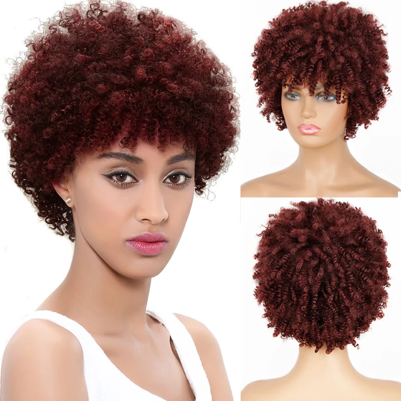 

LINGHANG Short Kinkly Curly Pixie Cut Synthetic Wig Burgundy Ladies Fluffy Short Small Explosive Headgear False Black Wigs