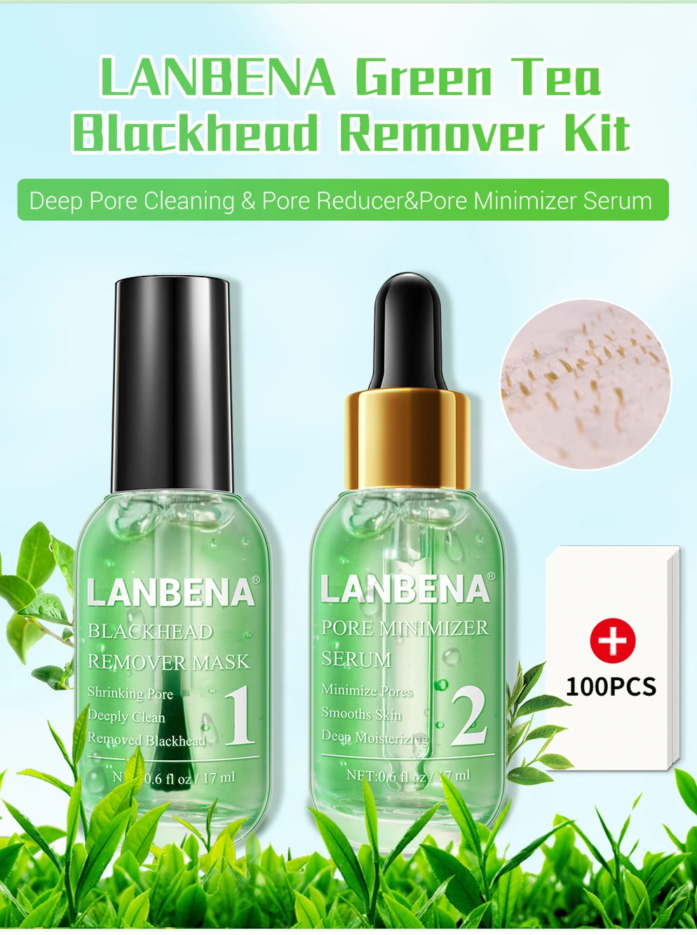 LANBENA зеленый чай, средство для удаления черных точек, маска для носа, полоска пор, пилинг, лечение акне, рафинирование пор, минимайзер, уход за кожей с сывороткой