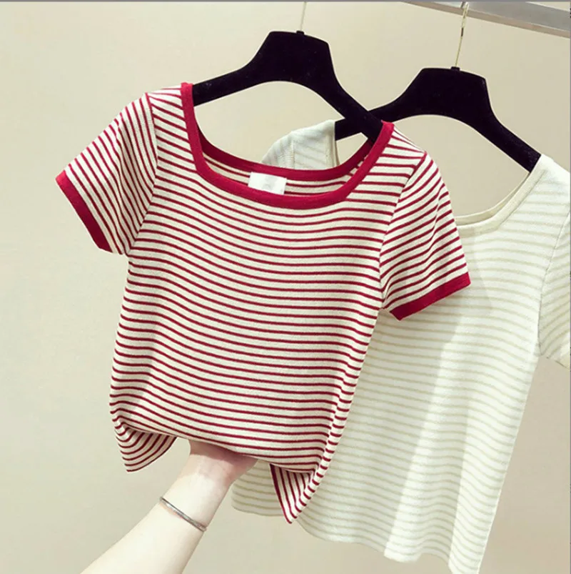 

2021 striped short-sleeved T-shirt women stretch all-match square neck short T-shirt pure cotton short-sleeved women