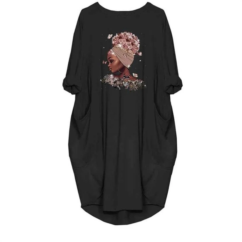 

Dress For Women I Am Black Women Print Long Sleeve Knee-Length Casual With Pockets Beautiful Tops 2022 100% Cotton