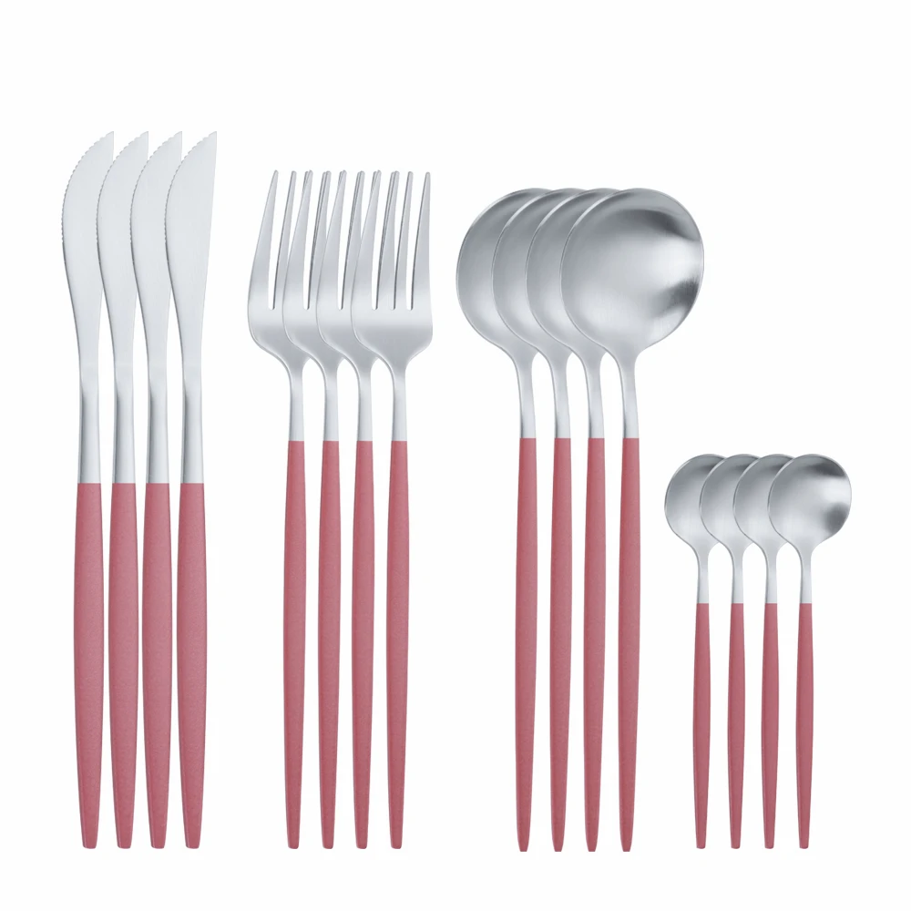 

16Pcs Matte Pink Silver Stainless Steel Cutlery Tableware Set Dinnerware Flatware Set Forks Knives Spoons Set Thin Silverware
