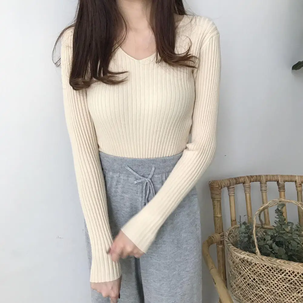 

Women Autumn Winter Long Sleeve V Neck Ribbed Blouse Slim Knitted Pullover Top