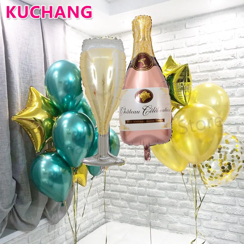 14pcs 14 шт./лот, большая стеклянная бутылка для шампанского, Золотая Звезда, алюминиевая фольга, Зеленый хром, металлические конфетти, латексные шары, декор для дня рождения - Цвет: 14pcs