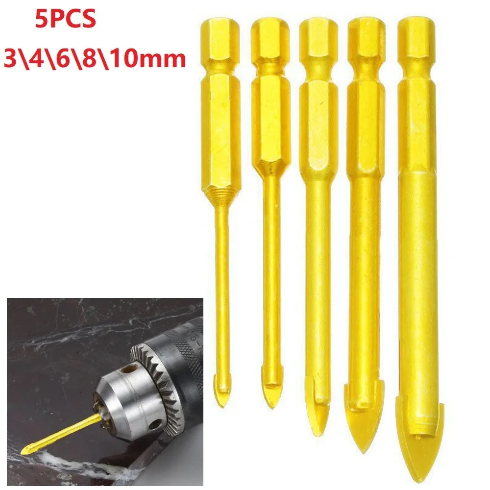 

5pcs 1/4'' Hex Shank Tungsten Carbide TCT Glass Drill Bits Set Titanium Coated Glass Hole Drill Power Tools .Accessories