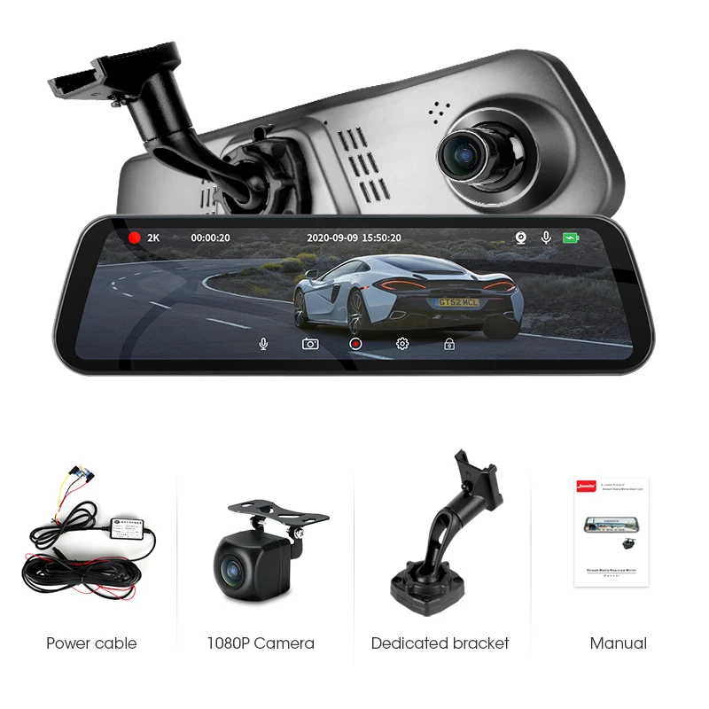 

Jansite Car DVR Camera 12 inch Touch Screen Dual Dash Cam 2K Ultra HD 1440P Rear View Mirror Registrar 1080P Rear Camera