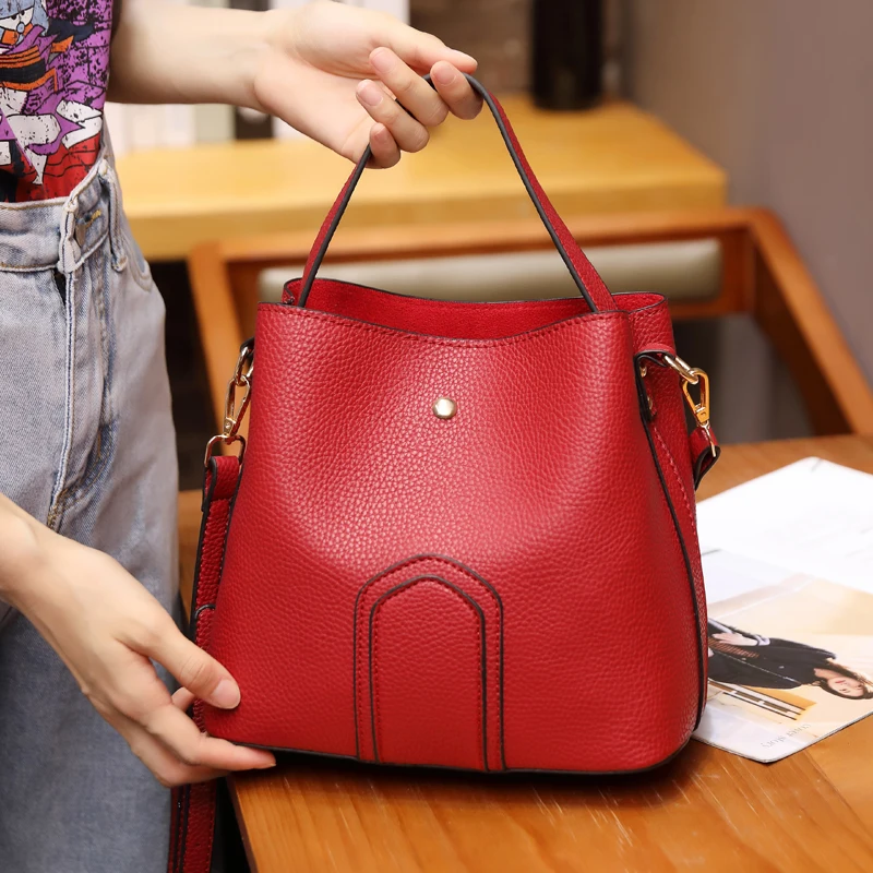 Genuine Leather Handbag Bucket New Korean Version Of The Trendy Fashion Casual Wild Retro Single Shoulder Messenger Handbag Bag