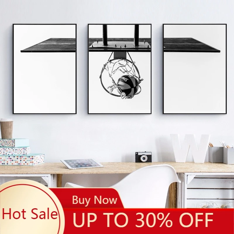 Холстовая живопись "Баскетбольное кольцо" плакаты и печати Подарки для влюбленных Черно-белые фото картины Искусство для подростковой комнаты.
