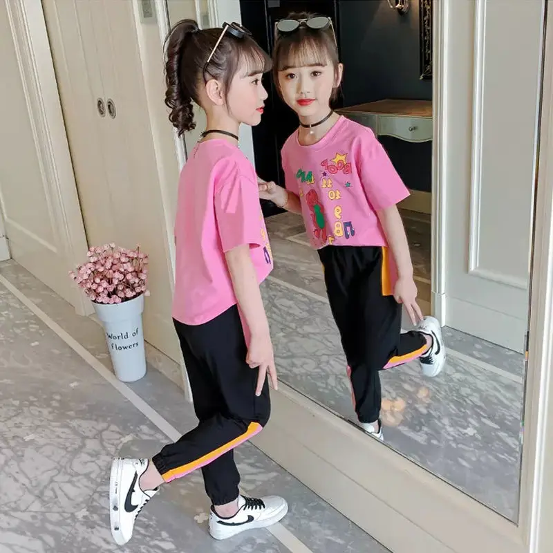 

Girls Clothing Suit Summer Teen Kids Girl T-Shirt + Pants Sets 2Pcs Children Clothes Casual Tracksuit 4 5 6 7 8 9 11 13 years