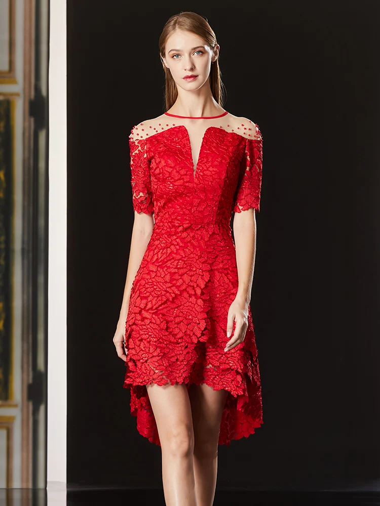 

Tailor Shop Short Front and Long Back Small Incense Wind Was Thin Waist Red Dress Can Usually Wear Red Lace Evening Gowns