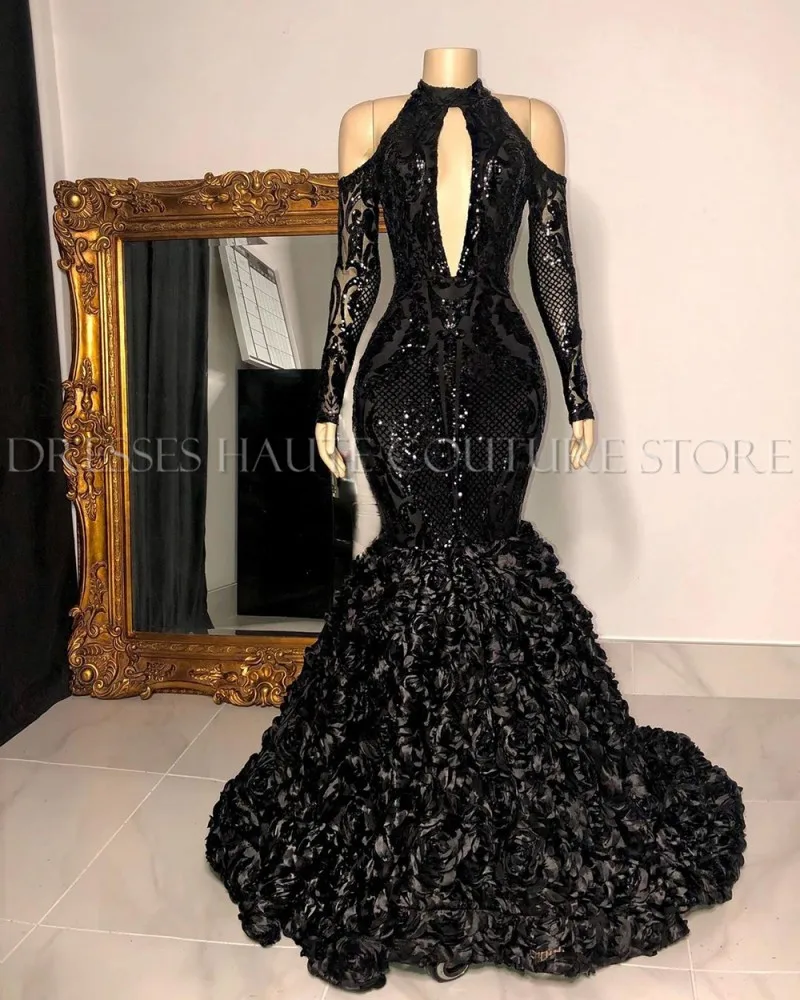 Black Mermaid Long Prom Dresses 2022 African Girl Designed Long Sleeve Sequin Top 3D Flowers Prom Dress