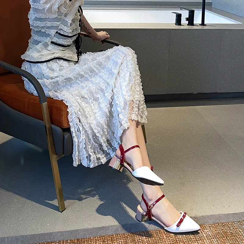 

2021Women Elegant Sandals Female Red Leather Pointed Toe Buckle Strap Pumps Summer Lady Shoes Fashion Women Mid Heels Sandals