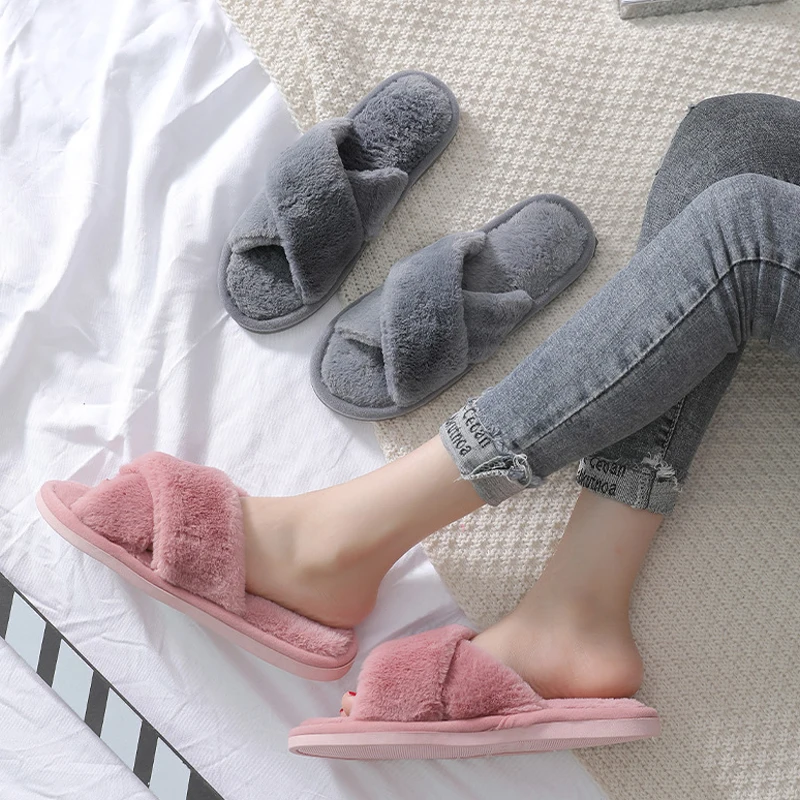 

Dropship 2021 Women Slippers Winter Shoes Flat Sweet Home Slippers Woman Indoor Fur Warm Soft Slip On Gray Pink Female Slippers