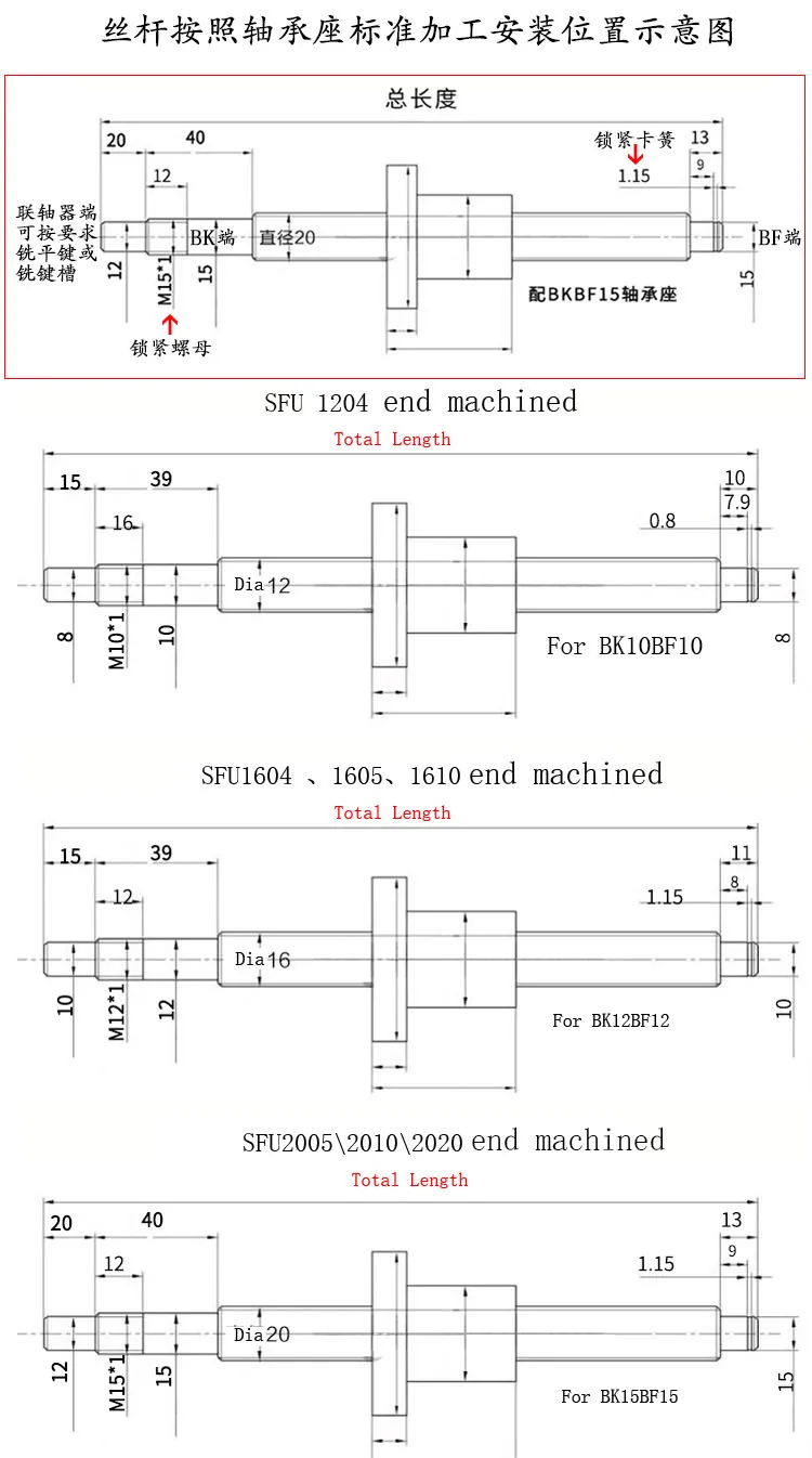 Шариковый винт SFU1204/SFU1605/SFU1610/SFU2005/SFU2510 конец обрабатывается с C7 гайкой 22 мм 24 28 ЧПУ