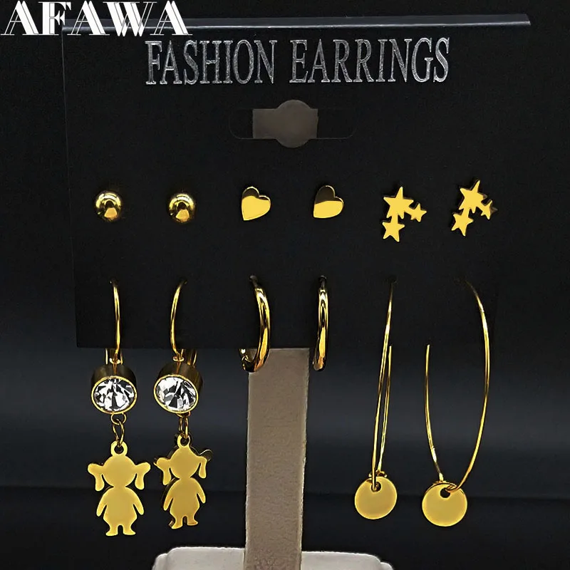 Женские круглые серьги из нержавеющей стали набор 6 пар серег золотого цвета E612879