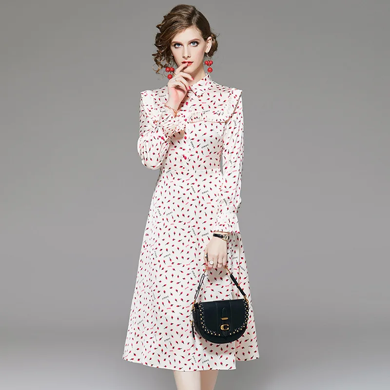 Early spring 2020 new Fashion floral flower print dress women Chiffon dresses turn down collar full sleeve long Dress | Женская одежда