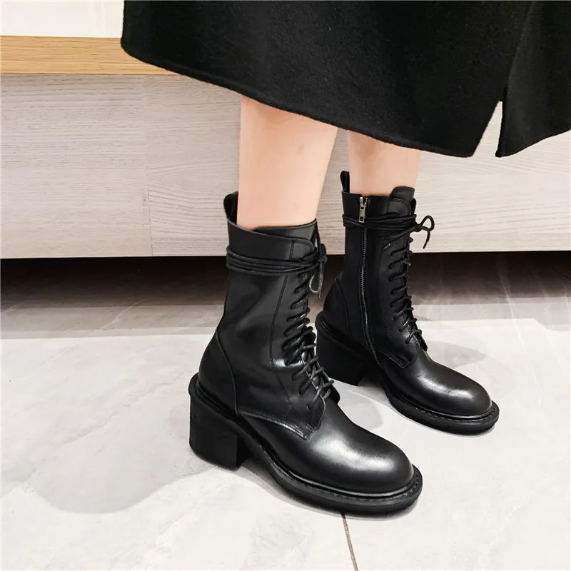 Jual ASUMER 2021 Sepatu Bot Kulit Asli Baru Sepatu Bot Pergelangan Kaki Berenda Ujung Bulat Sepatu Bot Sepeda Motor Musim Gugur Musim Dingin Wanita Hak Tinggi Persegi