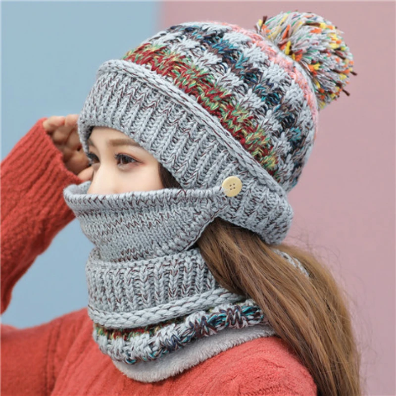 

2020 Hat Winter Women's Mask Hat For Girls Scarf Thick Warm Fleece Inside Knitted Hat Scarf Set 3pcs Winter Riding Fashion Hats