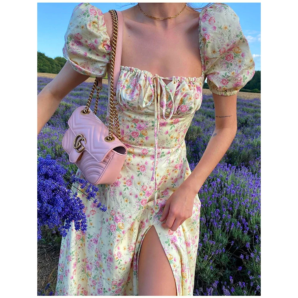 

2021 summer romantic floral dress strapless sexy dress chest crease lace holiday style beach long skirt