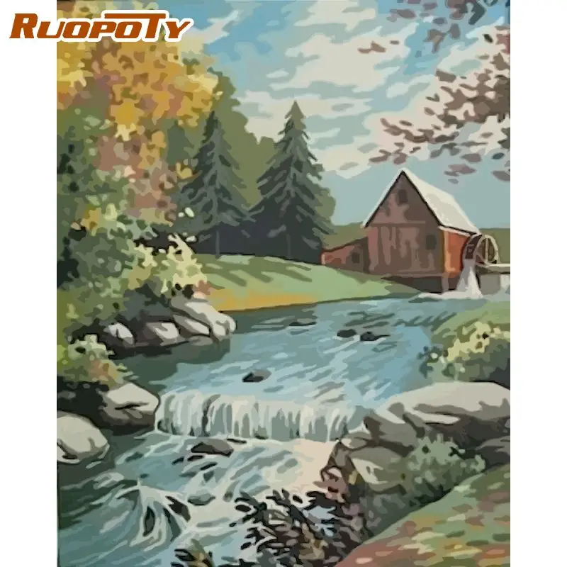 

RUOPOTY Frameless Painting By Numbers DIY 60X75cm Wall Art Creek house Landscape Paint By Number Canvas Home Decor Gift