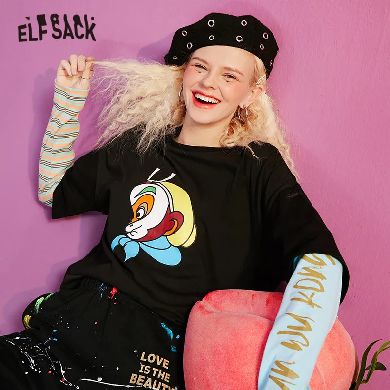 

ELFSACK Harajuku Monkey King Print Casual T-Shirts Women,2021 Spring ELF Vintage Patchwork Full Sleeve Female Basic Daily Tops