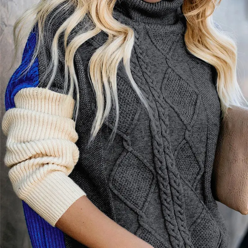 Женский Асимметричный вязаный свитер в стиле пэчворк водолазка с длинным