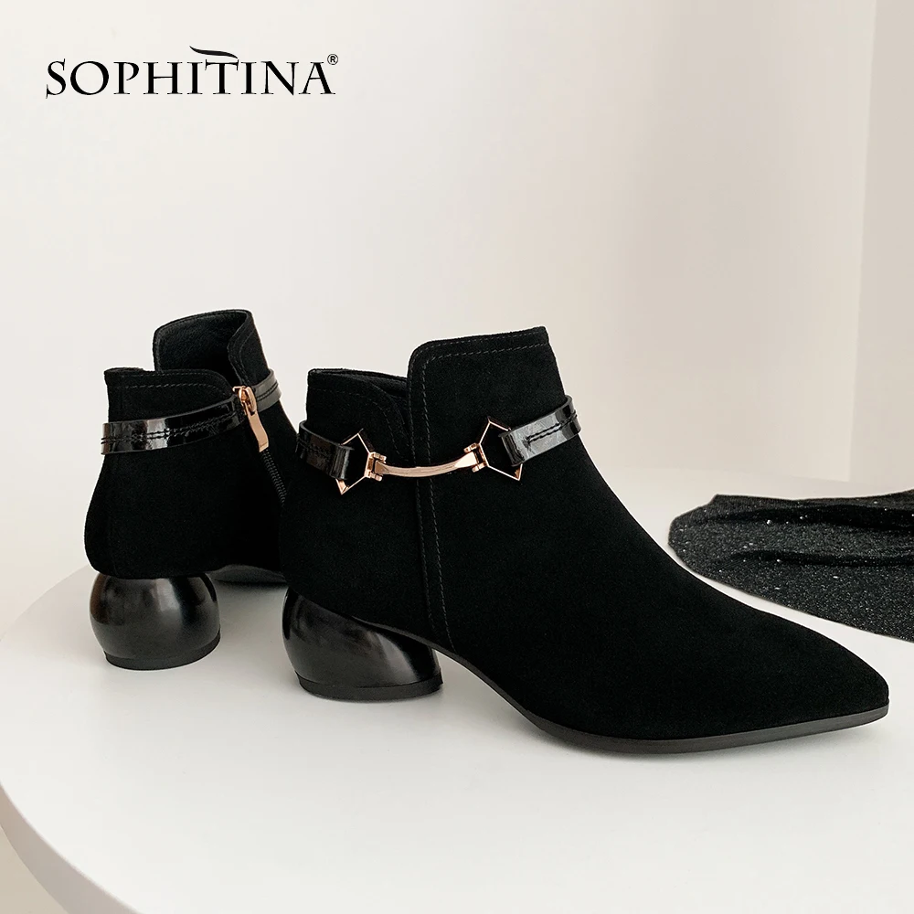 SOPHITINA Special Design Boots New Fashion Metal Decoration Comfortable Round Heel Sexy Pointed Toe Shoes Women's MO257 | Обувь