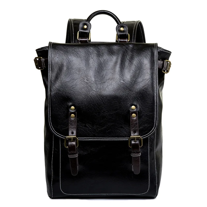 

Brand Men Leather PU Backpack With Buckle Belt Daypack Pocket Travel Bags Casual School Laptop Back Pack Male Bagpack