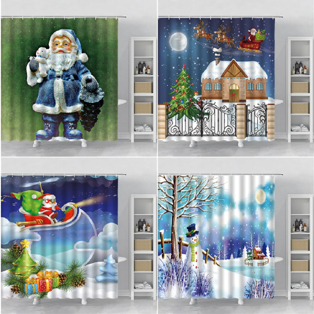 

Santa Claus Snowman Christmas Shower Curtain Child New Year Gift Bedroom Decor Bathroom Waterproof Bath Curtains With Hooks