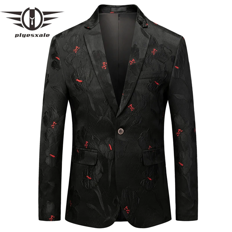 Plyesxale Black Floral Jacquard Blazer For Men 2019 Slim Fit Wedding Groom Blazer Suit Jacket Male Fashion Stage Costume Q816