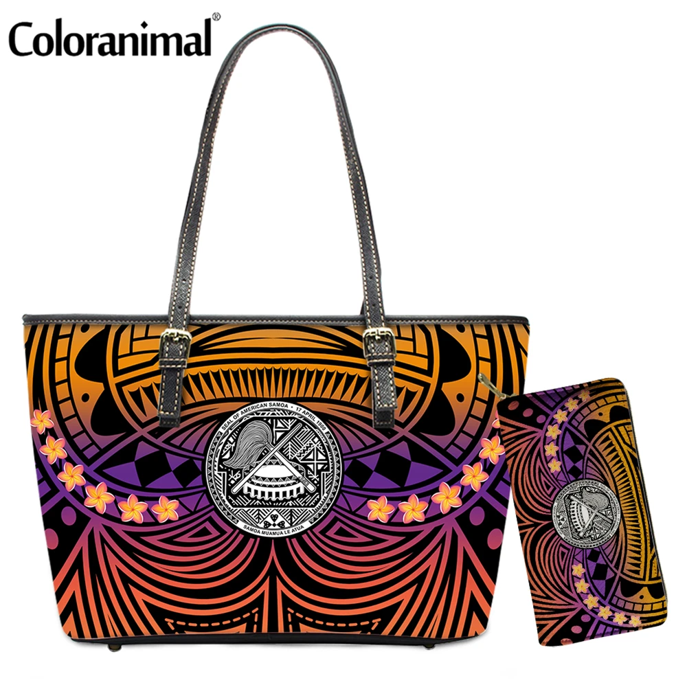 

Coloranimal New Style 2Pcs/Set Shoulder Bag With Purse American Samoa Polynesian Plumeria Printed Women Handbag Girls PU Totes