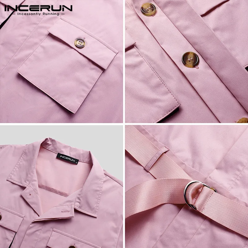 

INCERUN Men Jumpsuits Fashion Solid Color Pockets Rompers Long Sleeve Lapel Casual Pants Overalls Man Buttons Joggers With Belts
