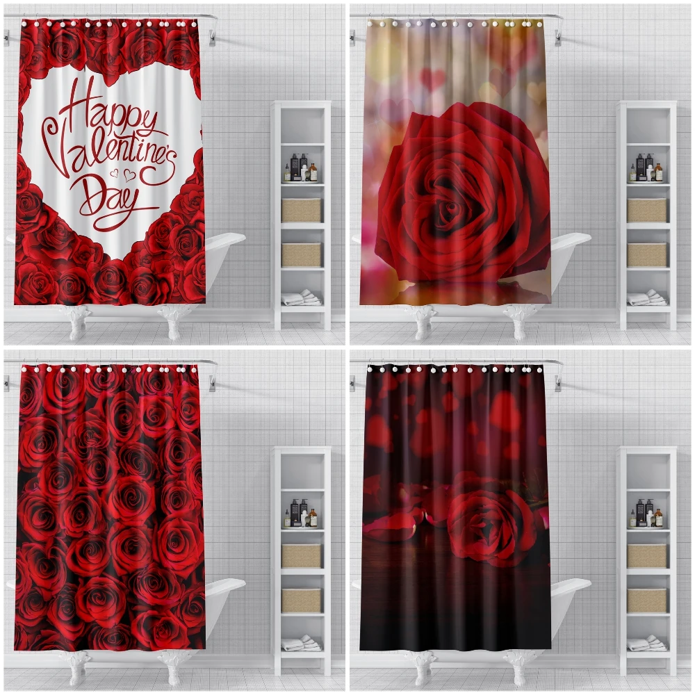 

Red Rose Shower Curtains Pink Flowers Bathroom Curtain Waterproof Polyester Bath Curtain with Hooks Bathroom Decor