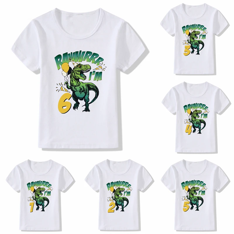 

Summer New Fashion Short Sleeve Children White Cute Cartoon Dinosaur Number 1-9 Birthday Kids T Shirt Boys Girls Casual Tops
